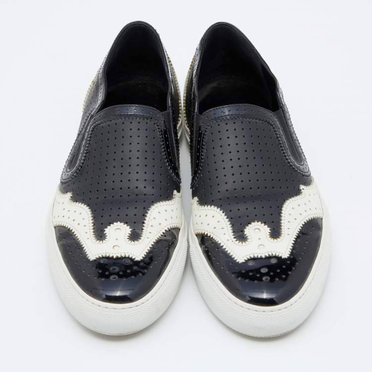 Pre Owned Givenchy Black/White Perforated Patent and Leather Slip On Sneakers Size 39