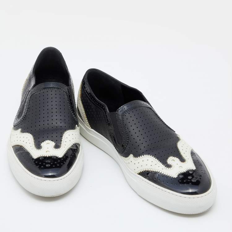 Pre Owned Givenchy Black/White Perforated Patent and Leather Slip On Sneakers Size 39