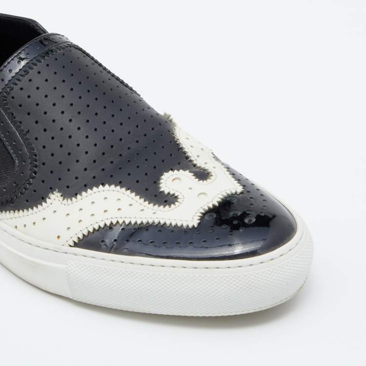 Pre Owned Givenchy Black/White Perforated Patent and Leather Slip On Sneakers Size 39