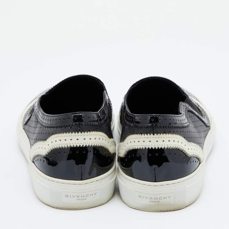 Pre Owned Givenchy Black/White Perforated Patent and Leather Slip On Sneakers Size 39