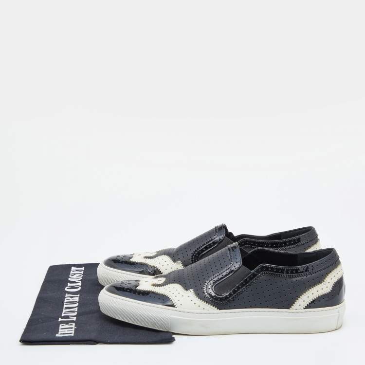 Pre Owned Givenchy Black/White Perforated Patent and Leather Slip On Sneakers Size 39