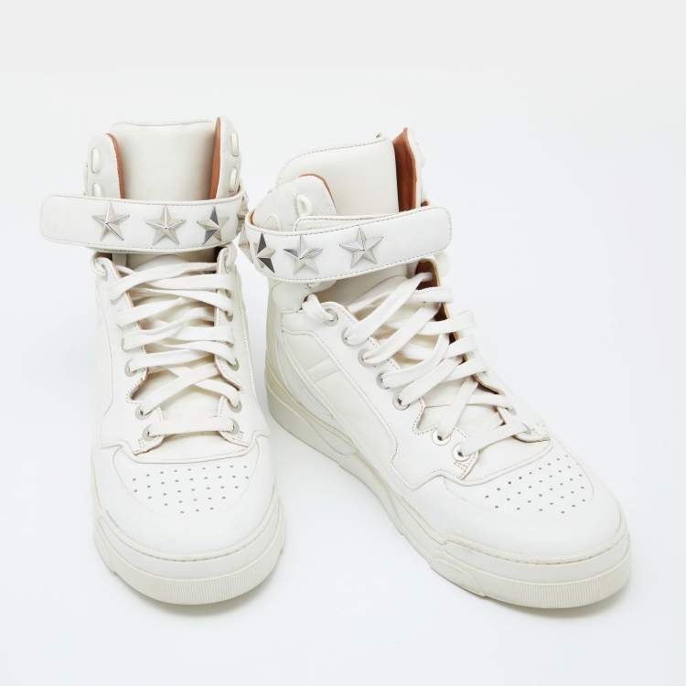 Pre Owned Givenchy White Leather Tyson Star Studded High Top Sneakers Size 38