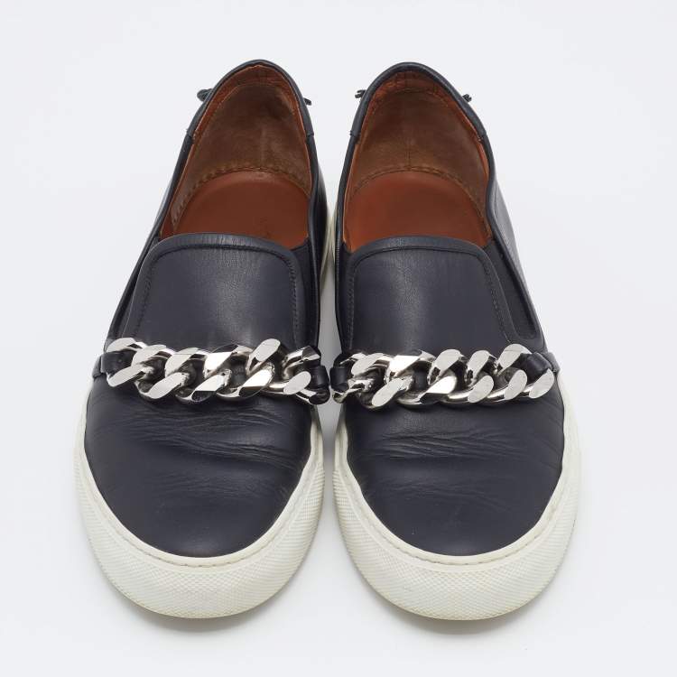 Pre Owned Givenchy Black Leather Maxi Chain Detail Slip On Sneakers Size 38