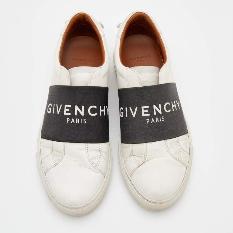 Pre Owned Givenchy White/Black Leather Urban Street Logo Slip On Sneakers Size 38.5