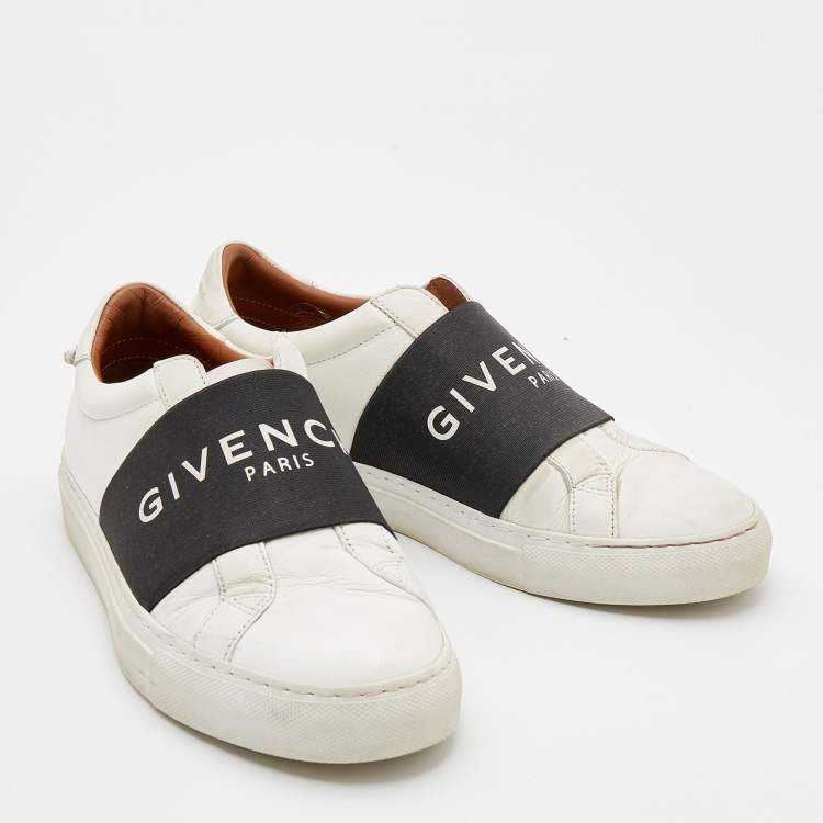 Pre Owned Givenchy White/Black Leather Urban Street Logo Slip On Sneakers Size 38.5