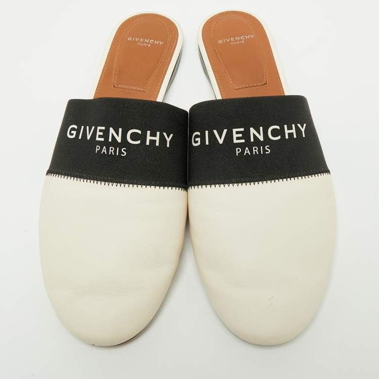Pre Owned Givenchy White Leather And Logo Strecth Band Bedford Flat Mules Size 39