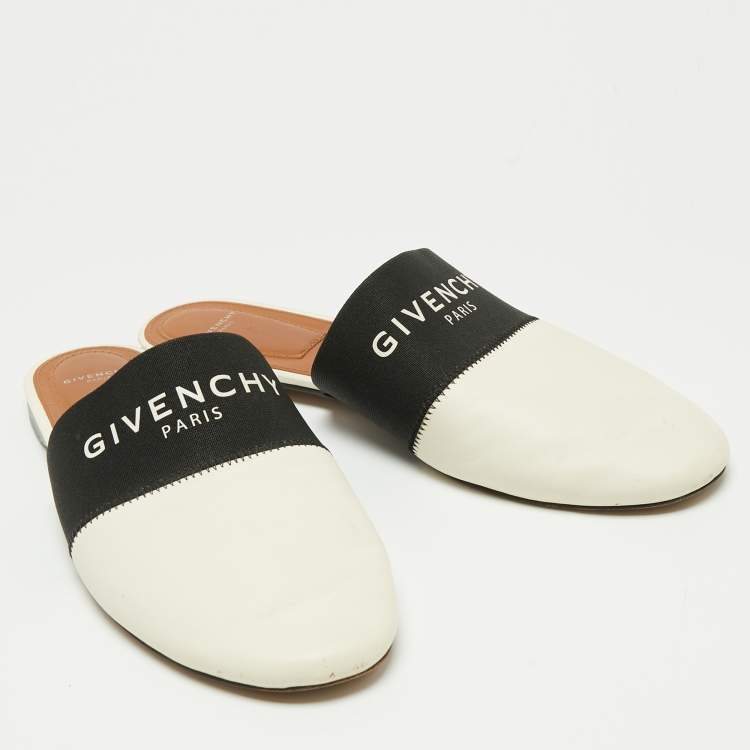Pre Owned Givenchy White Leather And Logo Strecth Band Bedford Flat Mules Size 39