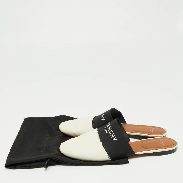 Pre Owned Givenchy White Leather And Logo Strecth Band Bedford Flat Mules Size 39