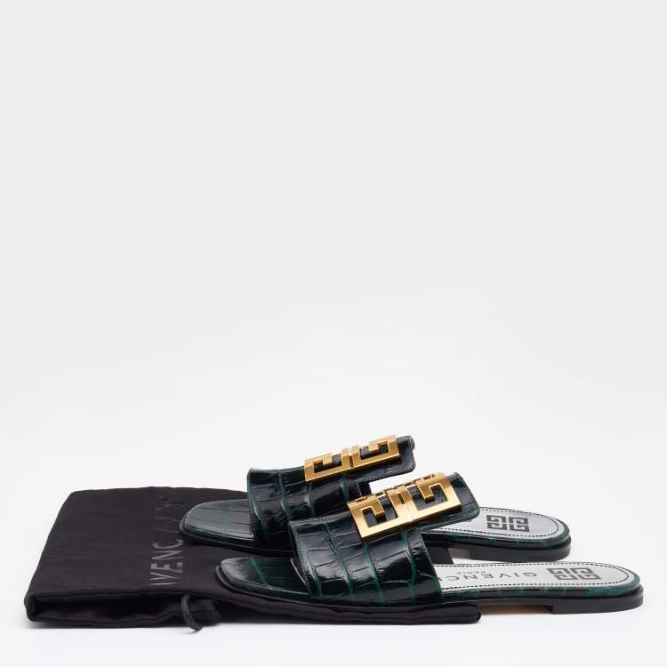 Pre Owned Givenchy Green Croc Embossed Leather 4G Flat Slides Size 38