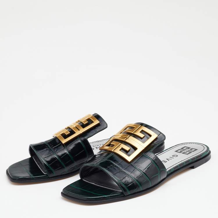 Pre Owned Givenchy Green Croc Embossed Leather 4G Flat Slides Size 38