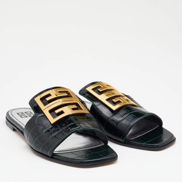 Pre Owned Givenchy Green Croc Embossed Leather 4G Flat Slides Size 38