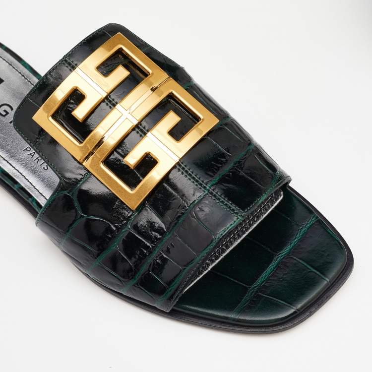 Pre Owned Givenchy Green Croc Embossed Leather 4G Flat Slides Size 38