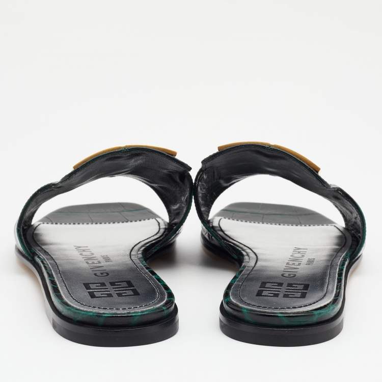 Pre Owned Givenchy Green Croc Embossed Leather 4G Flat Slides Size 38