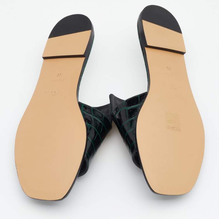 Pre Owned Givenchy Green Croc Embossed Leather 4G Flat Slides Size 38