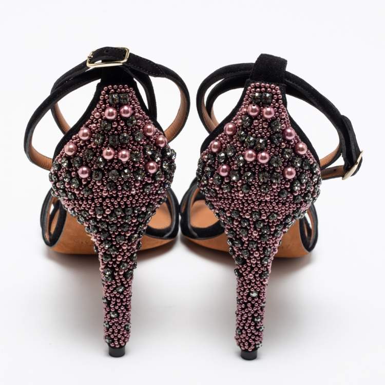 Pre Owned Givenchy Black Suede Crystal Embellished Ankle Strap Sandals Size 37.5