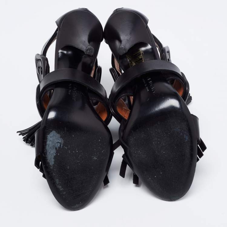 Pre Owned Givenchy Black Leather Fringe Detail  Open Toe Lace Up Ankle Booties Size 38