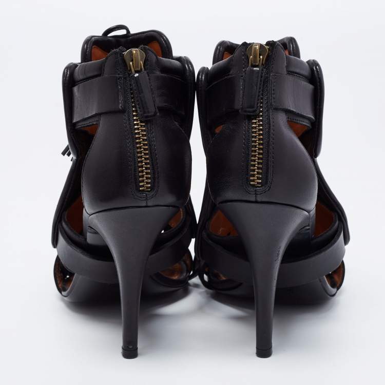 Pre Owned Givenchy Black Leather Fringe Detail  Open Toe Lace Up Ankle Booties Size 38