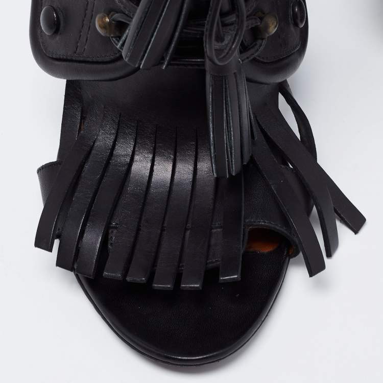 Pre Owned Givenchy Black Leather Fringe Detail  Open Toe Lace Up Ankle Booties Size 38