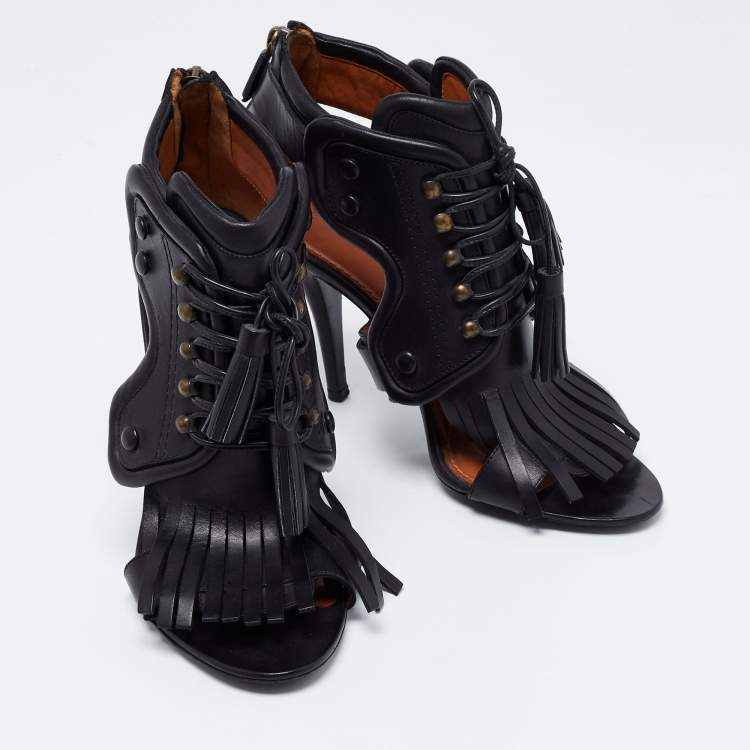 Pre Owned Givenchy Black Leather Fringe Detail  Open Toe Lace Up Ankle Booties Size 38