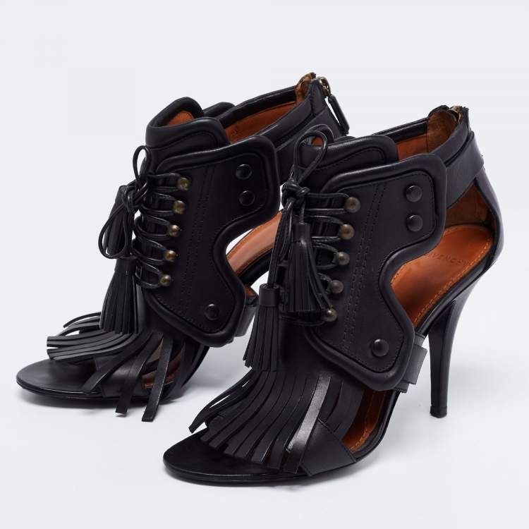 Pre Owned Givenchy Black Leather Fringe Detail  Open Toe Lace Up Ankle Booties Size 38
