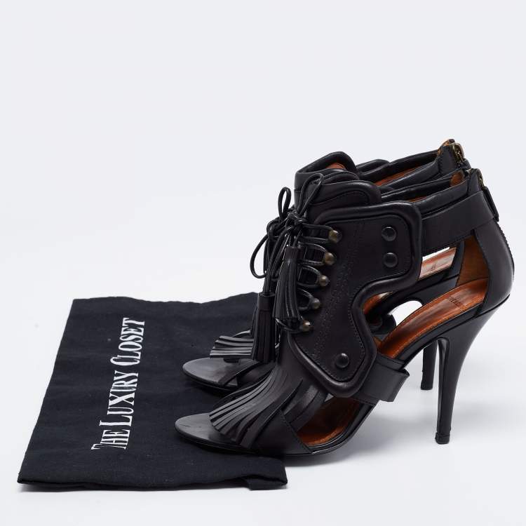 Pre Owned Givenchy Black Leather Fringe Detail  Open Toe Lace Up Ankle Booties Size 38
