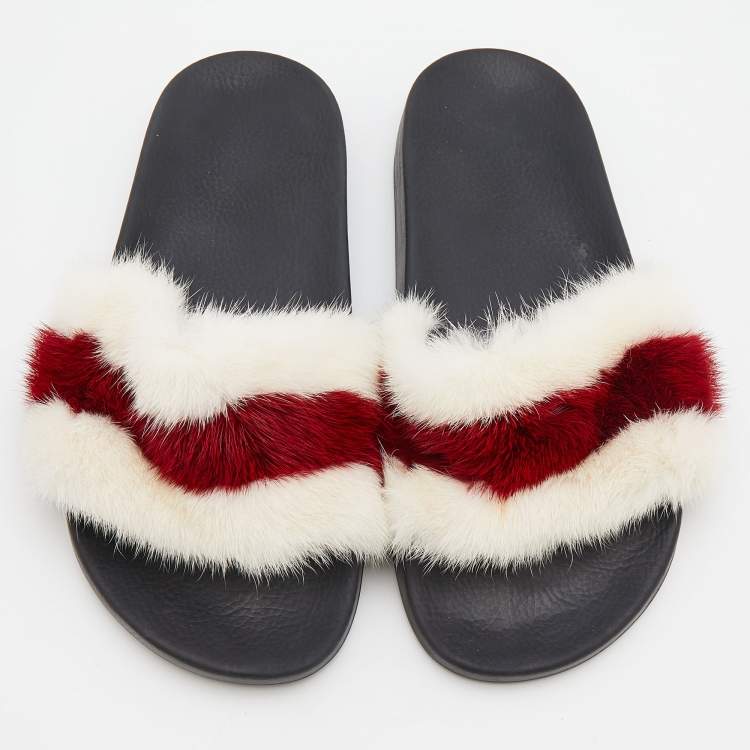 Pre Owned Givenchy White/Red Mink Fur Striped Flat Slides Size 38