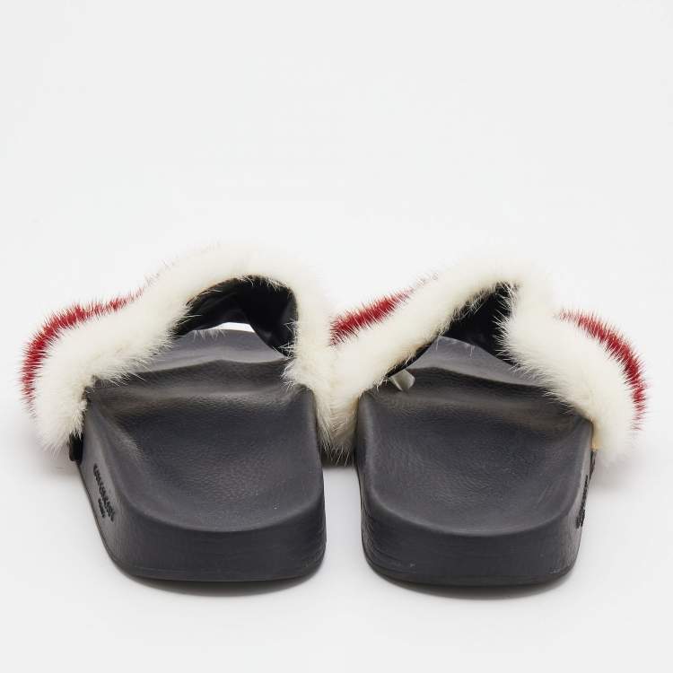 Pre Owned Givenchy White/Red Mink Fur Striped Flat Slides Size 38
