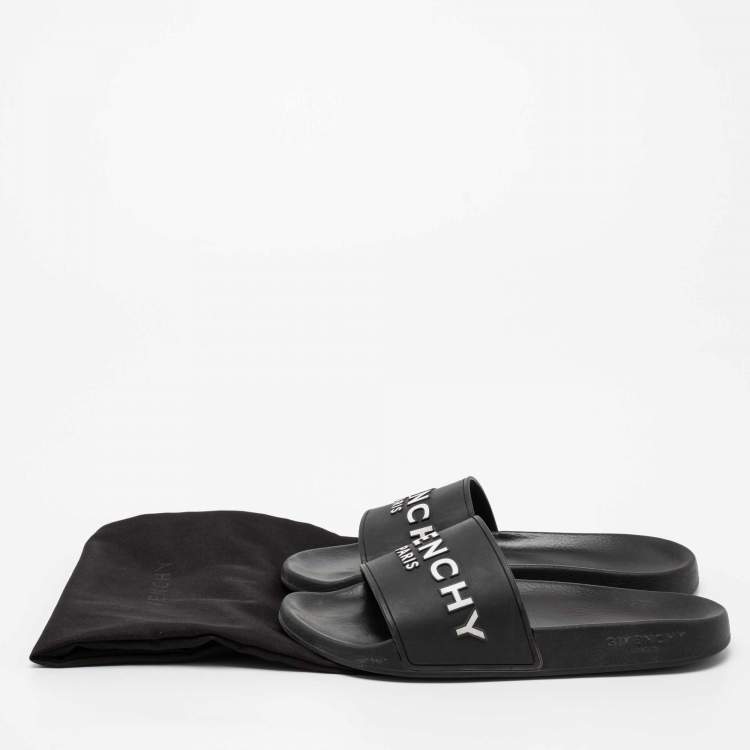 Pre Owned Givenchy Black Rubber Logo Flat Slides Size 40
