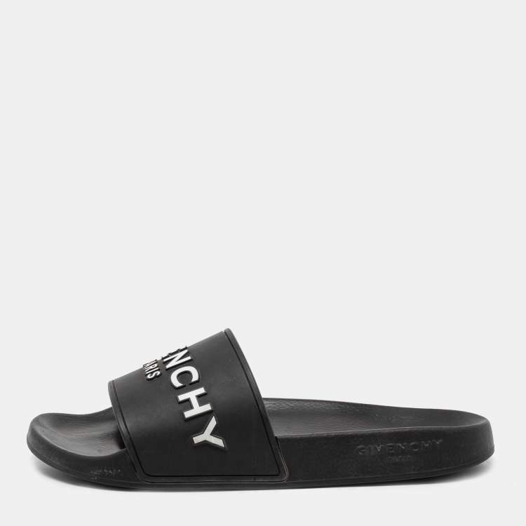 Pre Owned Givenchy Black Rubber Logo Flat Slides Size 40