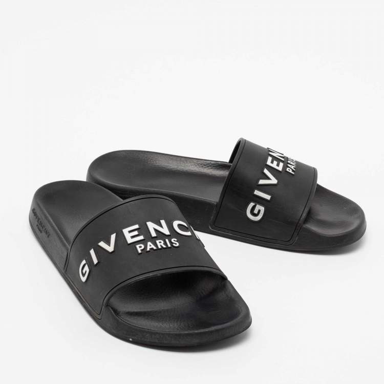 Pre Owned Givenchy Black Rubber Logo Flat Slides Size 40