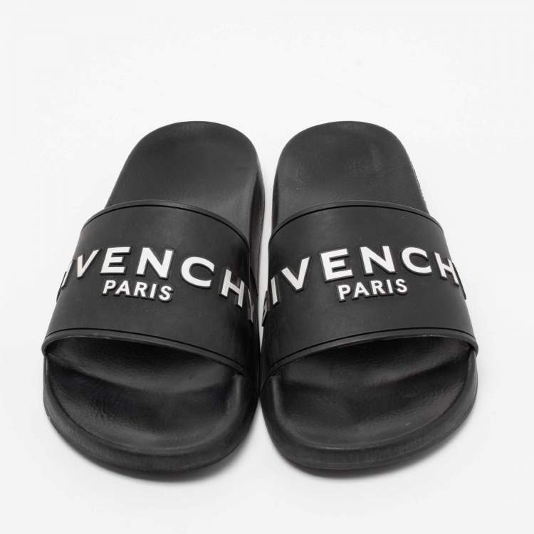 Pre Owned Givenchy Black Rubber Logo Flat Slides Size 40