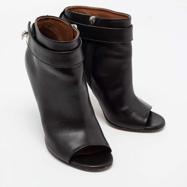 Pre Owned Givenchy Black Leather Shark Lock Open-Toe Ankle Booties Size 40