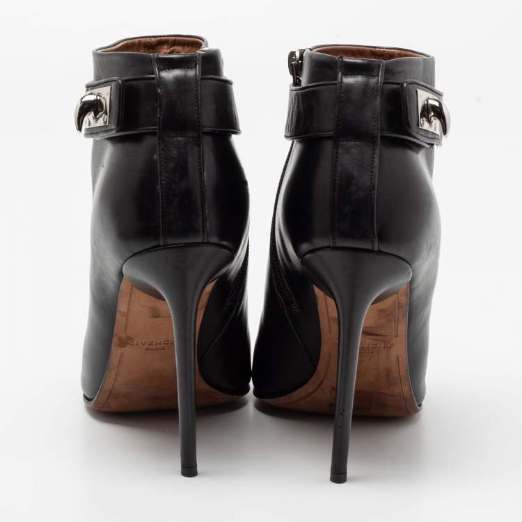 Pre Owned Givenchy Black Leather Shark Lock Open-Toe Ankle Booties Size 40