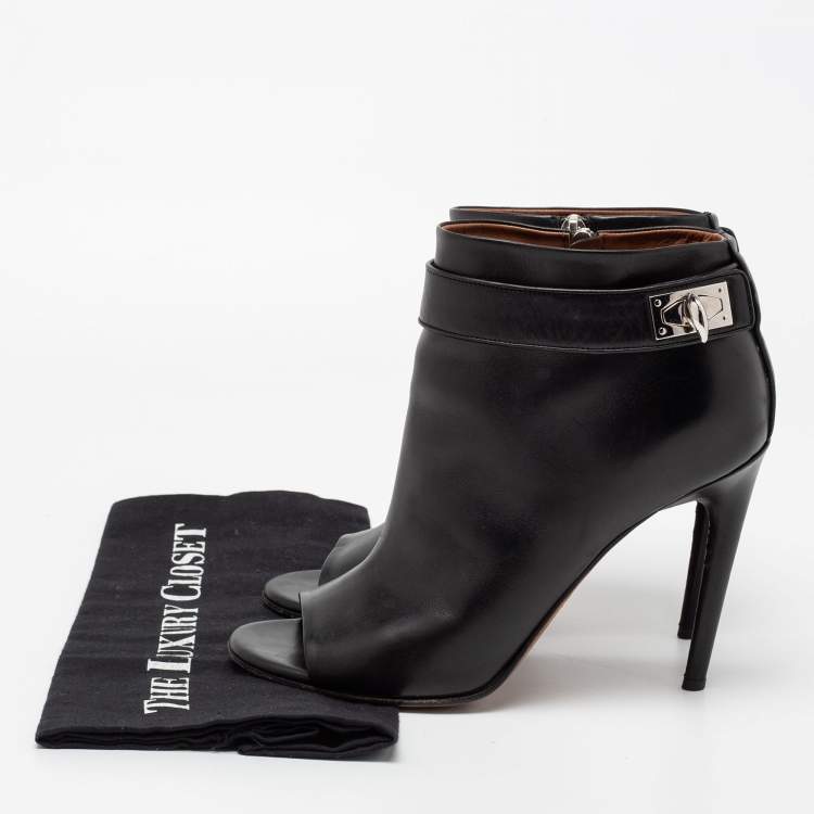 Pre Owned Givenchy Black Leather Shark Lock Open-Toe Ankle Booties Size 40