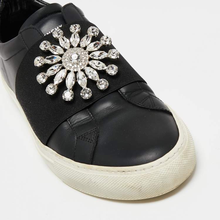 Pre Owned Givenchy Black Leather Crystal Embellished Slip On Sneakers Size 39