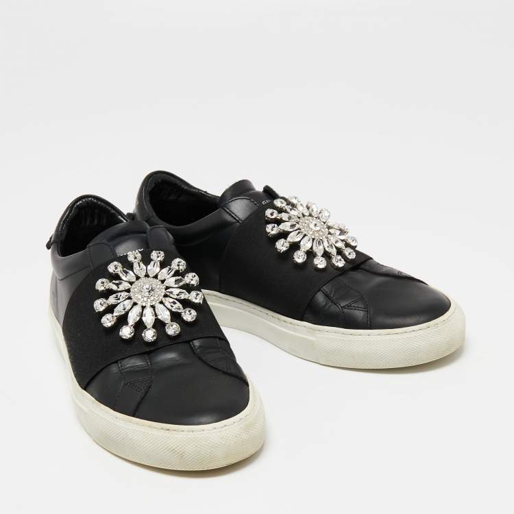 Pre Owned Givenchy Black Leather Crystal Embellished Slip On Sneakers Size 39