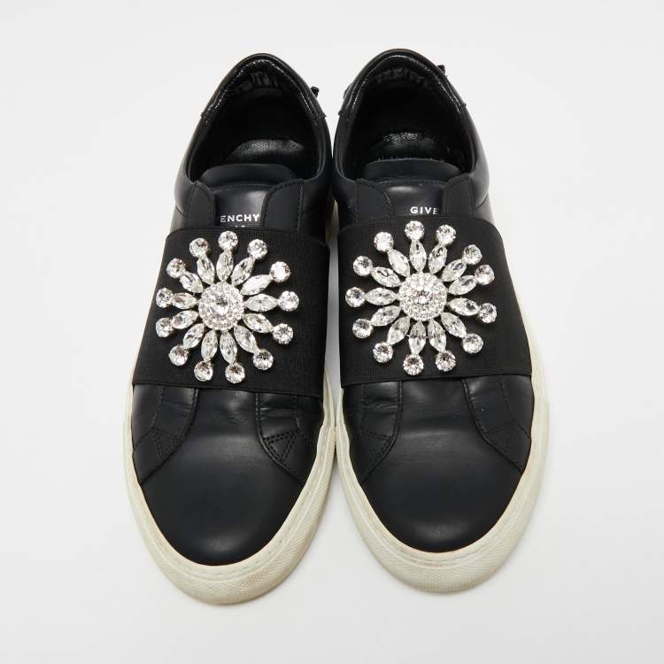 Pre Owned Givenchy Black Leather Crystal Embellished Slip On Sneakers Size 39