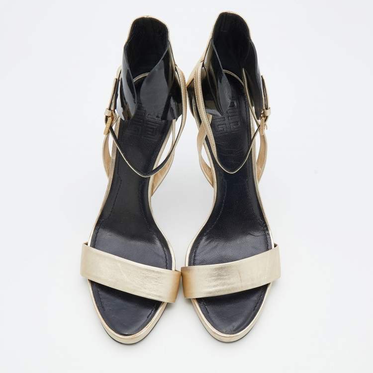 Pre Owned Givenchy Metallic Gold/Black Leather And Patent Leather Ankle Strap Sandals Size 40