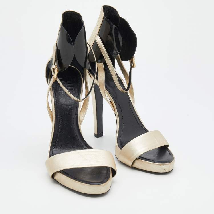 Pre Owned Givenchy Metallic Gold/Black Leather And Patent Leather Ankle Strap Sandals Size 40