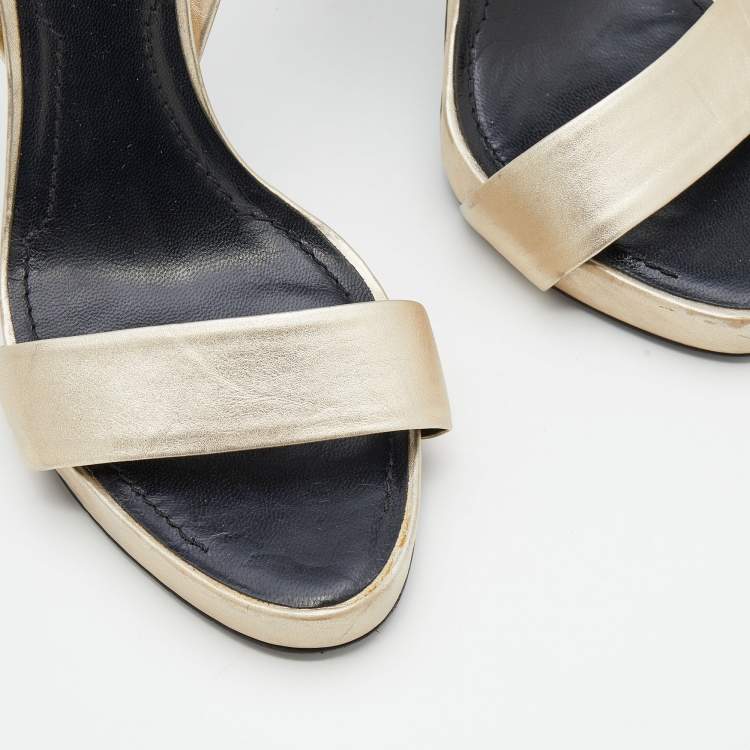 Pre Owned Givenchy Metallic Gold/Black Leather And Patent Leather Ankle Strap Sandals Size 40