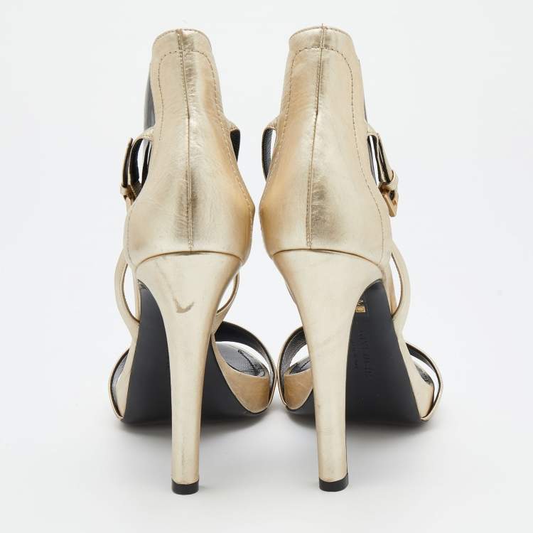 Pre Owned Givenchy Metallic Gold/Black Leather And Patent Leather Ankle Strap Sandals Size 40