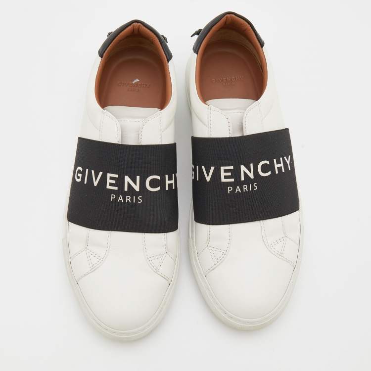 Pre Owned Givenchy White/Black Leather And Logo Stretch Band Urban Street Slip On Sneakers Size 38