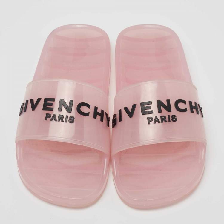 Pre Owned Givenchy Light Pink Rubber Logo Clear Flat Slides Size 38