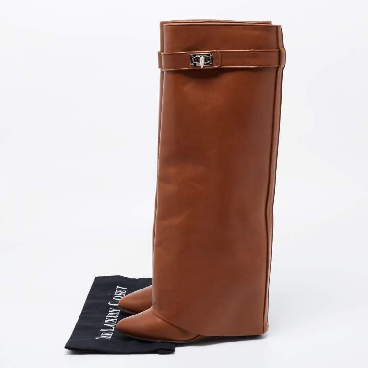 Pre Owned Givenchy Brown Leather Knee Length Boots Size 38.5