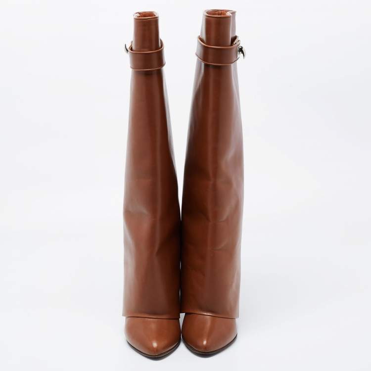 Pre Owned Givenchy Brown Leather Knee Length Boots Size 38.5