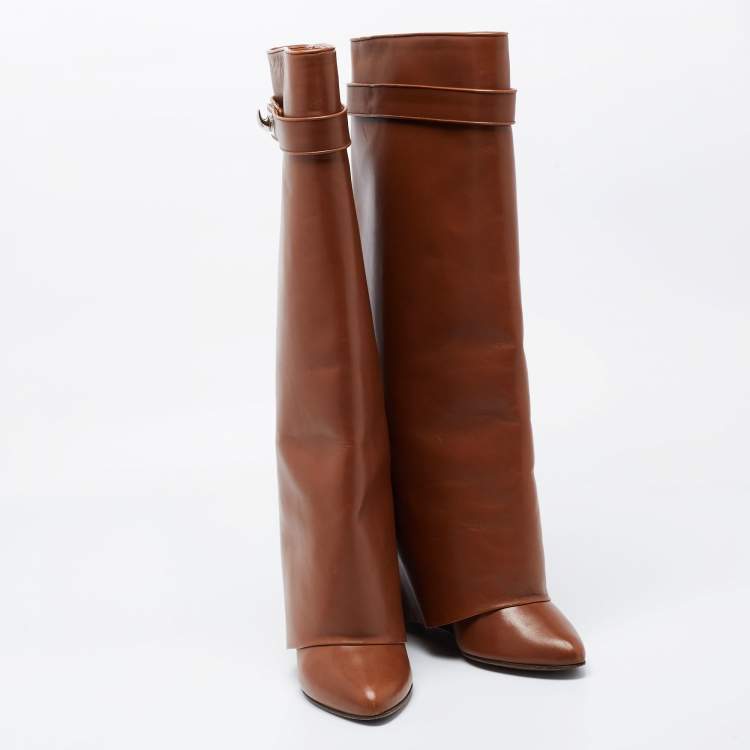 Pre Owned Givenchy Brown Leather Knee Length Boots Size 38.5