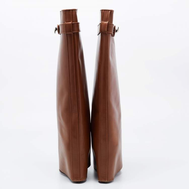 Pre Owned Givenchy Brown Leather Knee Length Boots Size 38.5