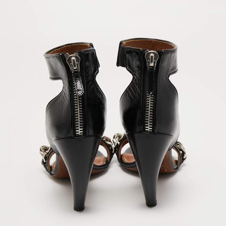 Pre Owned Givenchy Black Leather Chain Embellished Ankle Strap Sandals Size 37.5