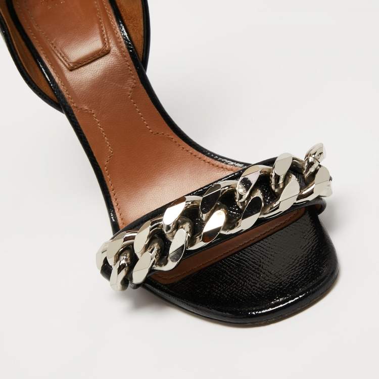 Pre Owned Givenchy Black Leather Chain Embellished Ankle Strap Sandals Size 37.5