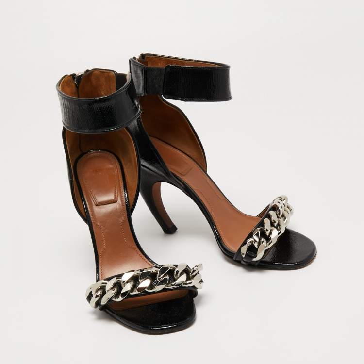 Pre Owned Givenchy Black Leather Chain Embellished Ankle Strap Sandals Size 37.5